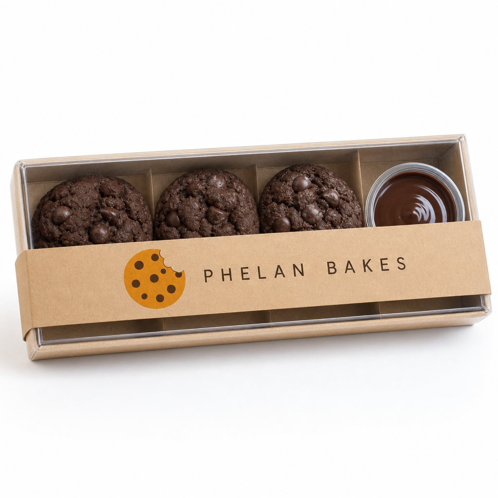 A Phelan Bakes kraft flight box with a clear lid, three double chocolate minis and a chocolate dip cup