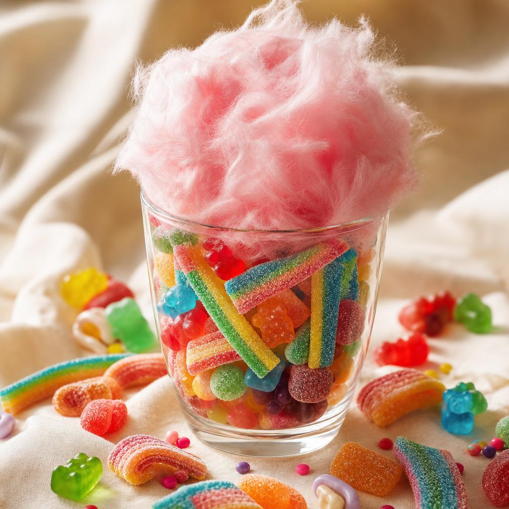 A colorful candy cup with cotton candy, rainbow belts, gummy bears, and sour candy