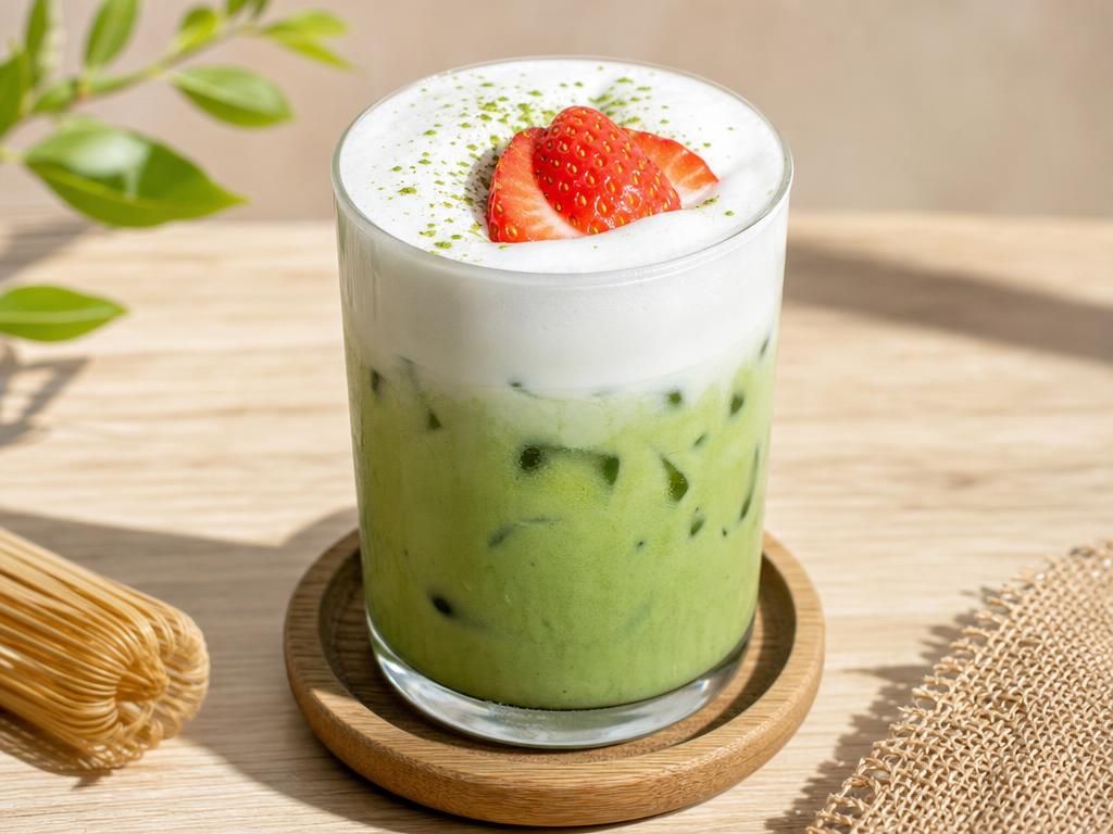 An iced matcha drink with creamy foam and a sliced strawberry on top