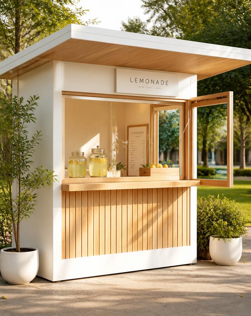 A sunny neighborhood Phelan Sips lemonade stand with fresh lemons and glass dispensers