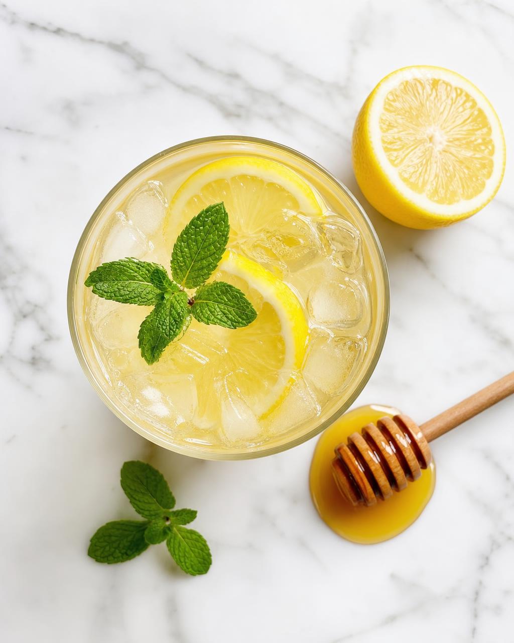 A cold glass of classic honey-lemon lemonade with mint and a honey dipper