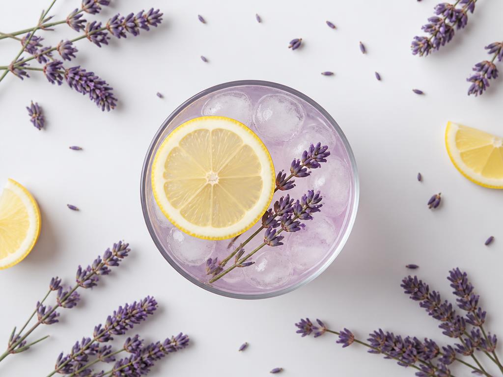 A pale purple lavender lemonade with a dried lavender sprig and lemon slice
