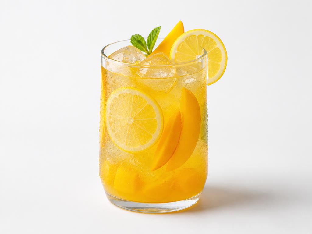 A bright orange mango lemonade with fresh mango slices and ice