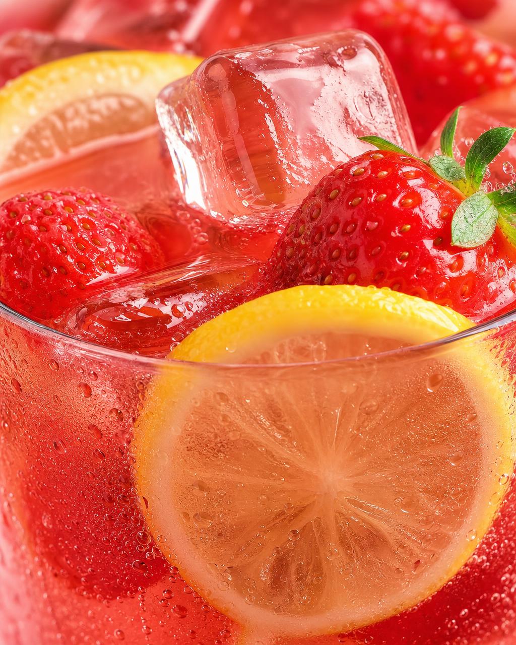 A tall glass of strawberry lemonade with fresh strawberries and lemon