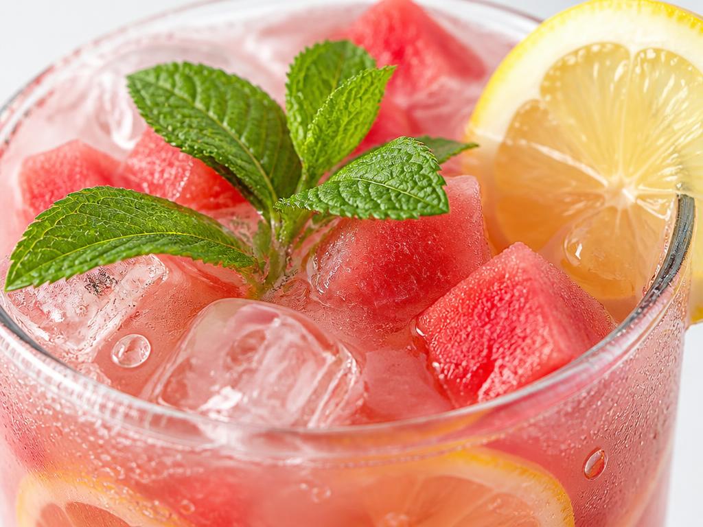 A chilled pink watermelon lemonade with watermelon cubes, mint, and ice